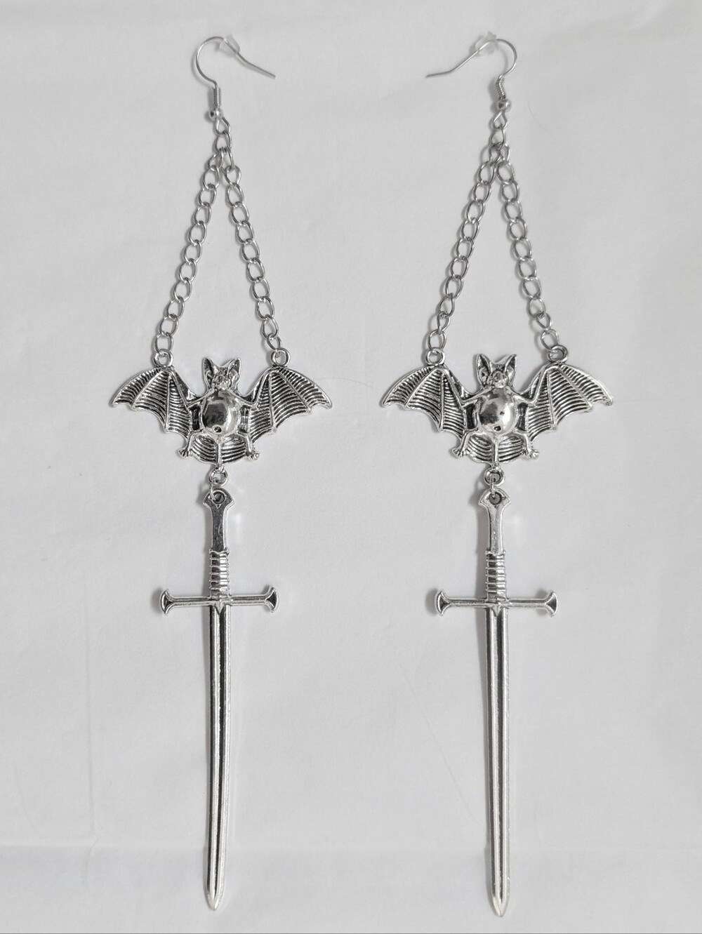 NWT Extra Long Handmade Silver Bat Chain and Sword Earrings - Picture 8 of 8